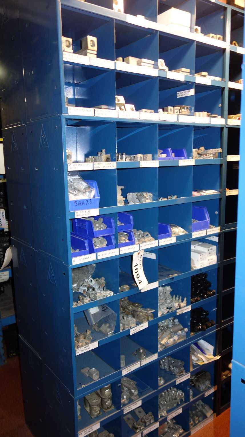 CONTENTS OF 4X STACKED PIGEON HOLE CABINET, ASSORTED BREAKER LUGS, DEAD END CLAMPS, TERMINAL BLOCKS - ELECTRICAL COMPONENTS
