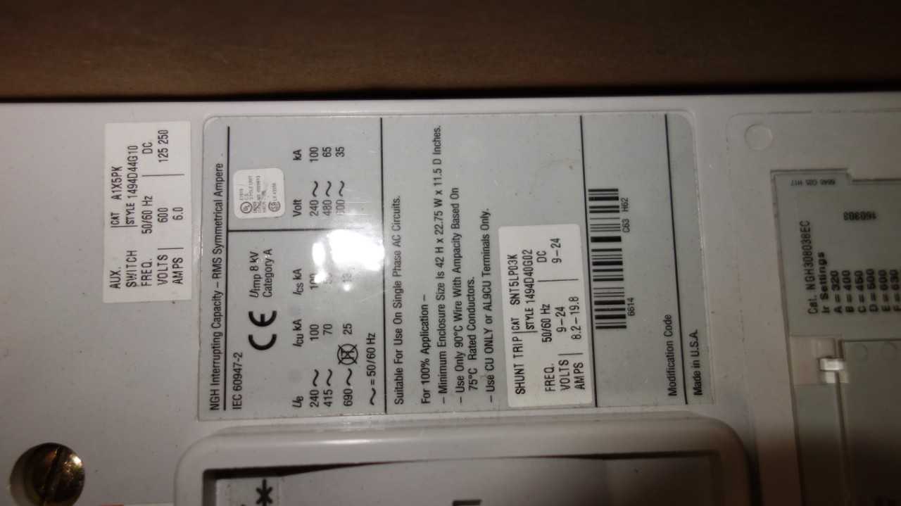 EATON NGH308038EC 1200A INDUSTRIAL CIRCUIT BREAKER - CIRCUIT BREAKERS