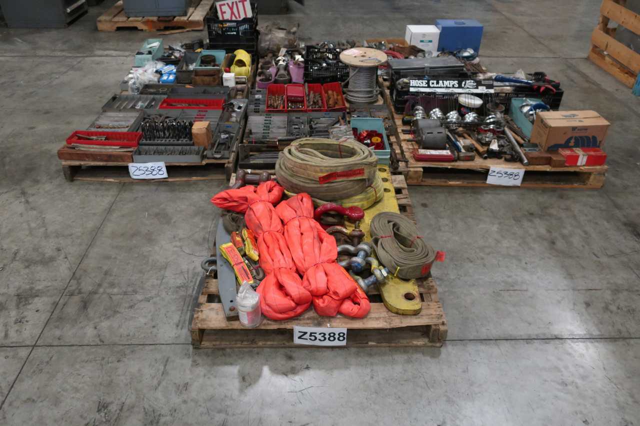 7 PALLETS OF ASSORTED HAND TOOLS WRENCHES SLINGS DRILL BITS CLAMPS PNEUMATIC TOOLS - ELECTRIC POWER TOOLS