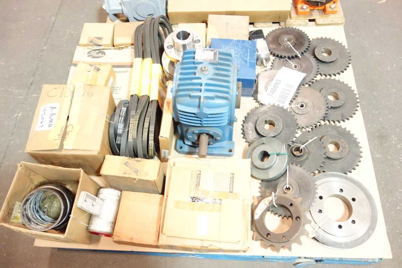 2 PALLETS OF ASSORTED BEARINGS, GEAR REDUCERS, BELTS, CHAIN SPROCKETS- SKF, MARTIN, THK - GEAR REDUCERS