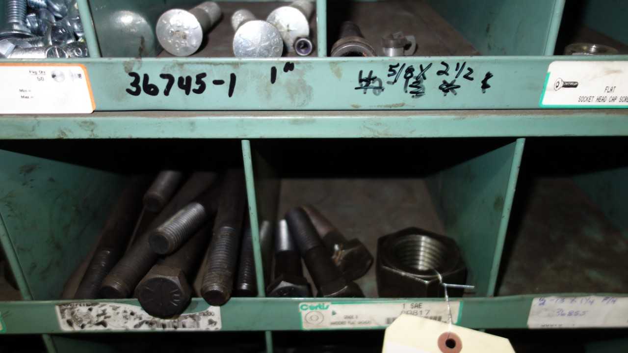 ASSORTED PIGON HOLE CABINET W/ NUTS AND BOLTS - TOOL STORAGE