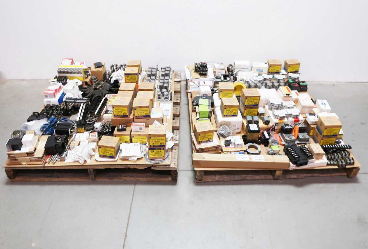 2 PALLETS OF ASSORTED RELAYS, TRANSFORMERS, ELECTRICAL PARTS - ELECTRICAL COMPONENTS