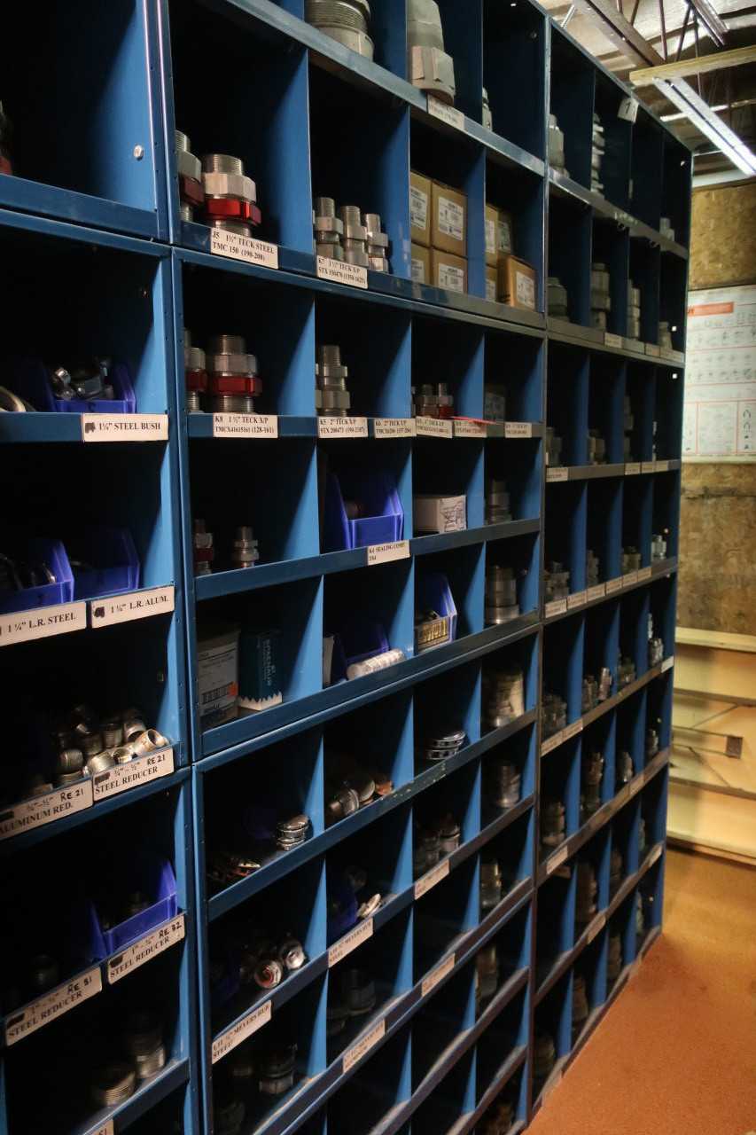 CONTENTS OF 4X STACKED PIGEON HOLE CABINET, ASSORTED ELECTRICAL CONDUIT - ELECTRICAL COMPONENTS