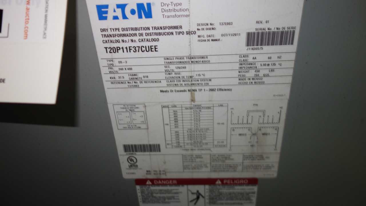 EATON T20P11F37CUEE 37.5KVA 480V-AC TRANSFORMER - CONTROL TRANSFORMERS