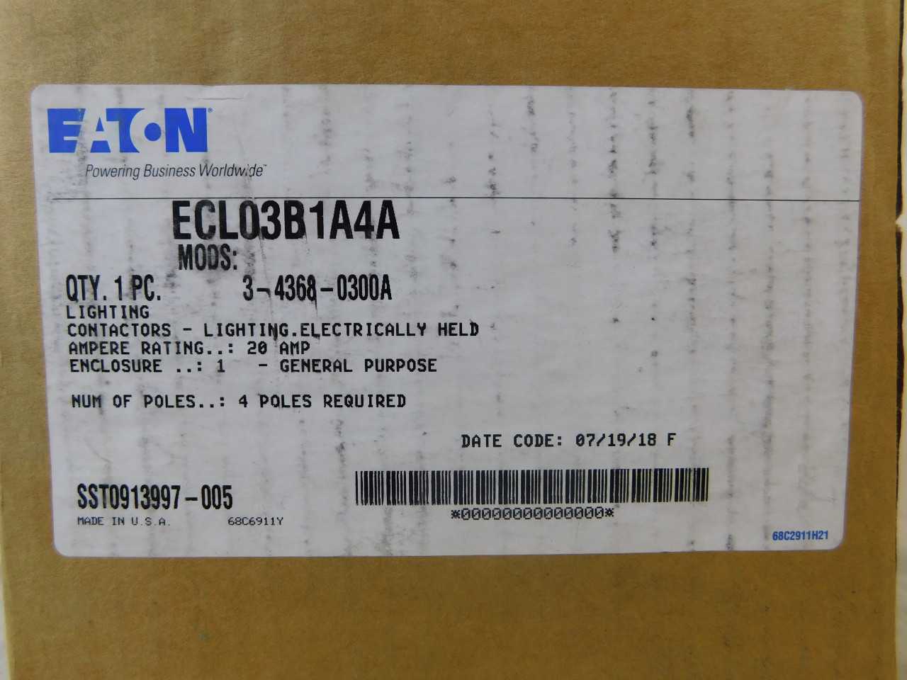 Lot of Qty 6x Eaton ECL03B1A4A Enclosed Contactor Lighting Contactor 4P 20A 110/120VAC 50/60Hz NEMA Type 1 Electrically Held - CONTACTORS Lot of Qty 6x Eaton ECL03B1A4A Enclosed Contactor Lighting Contactor 4P 20A 110/120VAC 50/60Hz NEMA Type 1 Electrically Held - CONTACTORS