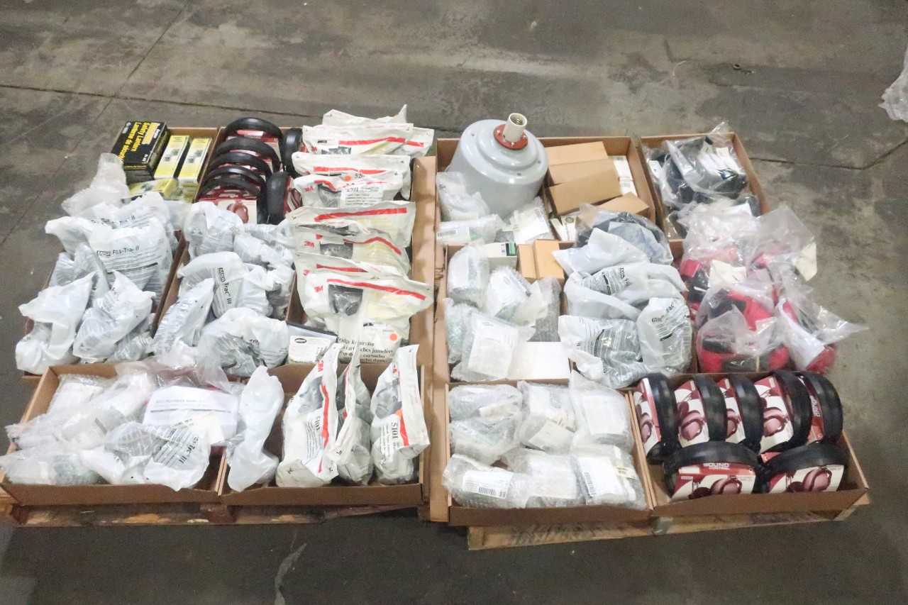 2 PALLETS OF ASSORTED SAFETY EQUIPMENT- RESPERATORS, EAR PROTECTION, TOOL LANYARDS, LOCKS, HARNESSES- 3M, MSA - SAFETY EQUIPMENT