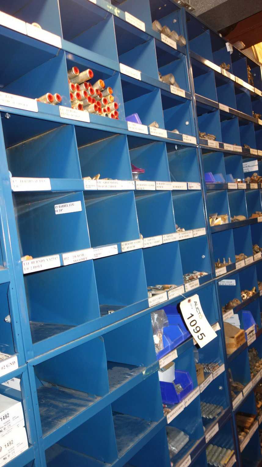 CONTENTS OF 4X STACKED PIGEON HOLE CABINET, ASSORTED TERMINAL LUGS, SPLICE CRIMPS - ELECTRICAL COMPONENTS