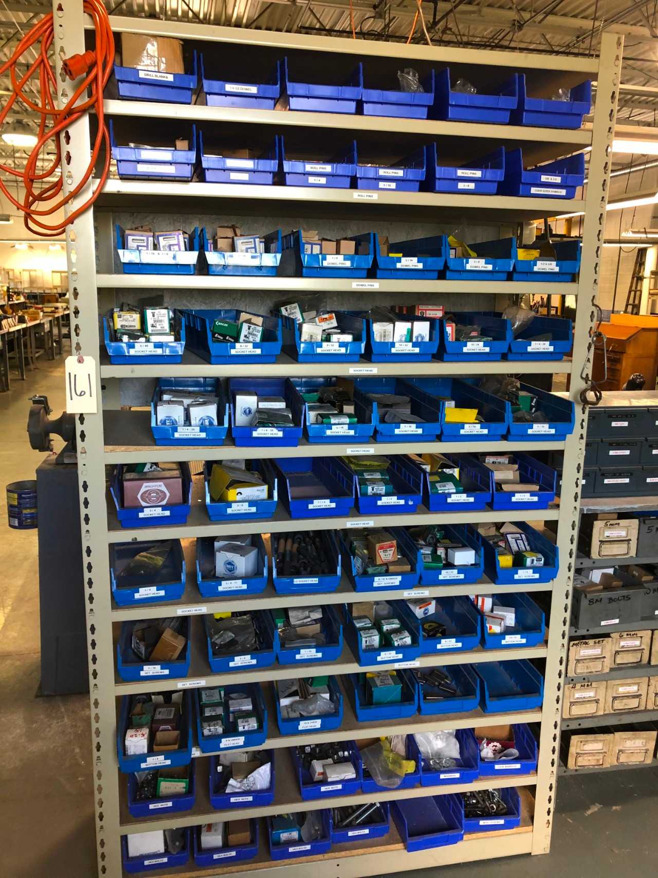 Rack with all the bins and Contents of bins (Nuts, Bolts, Etc.) - ELECTRIC POWER TOOLS