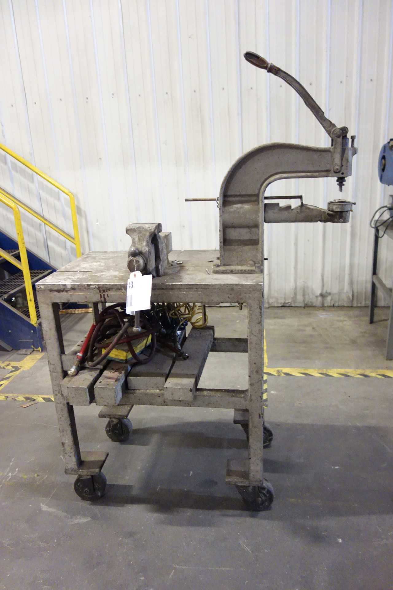 WORK TABLE WITH 2 TON HAND PRESS AND REED VISE - MATERIAL HANDLING