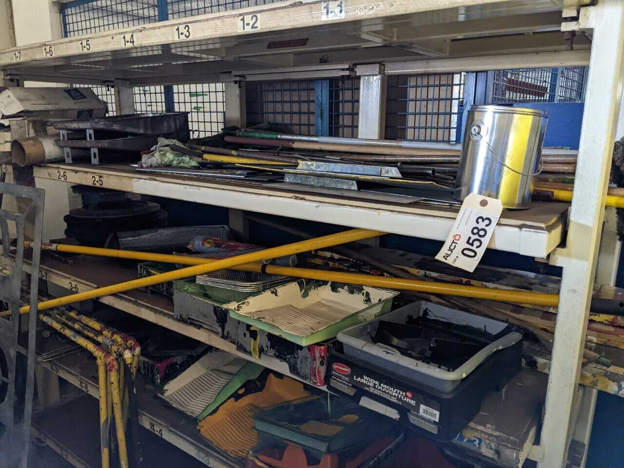 RACK WITH ASSORTED CONTENTS, PAINTING SUPPLIES - SHELVING
