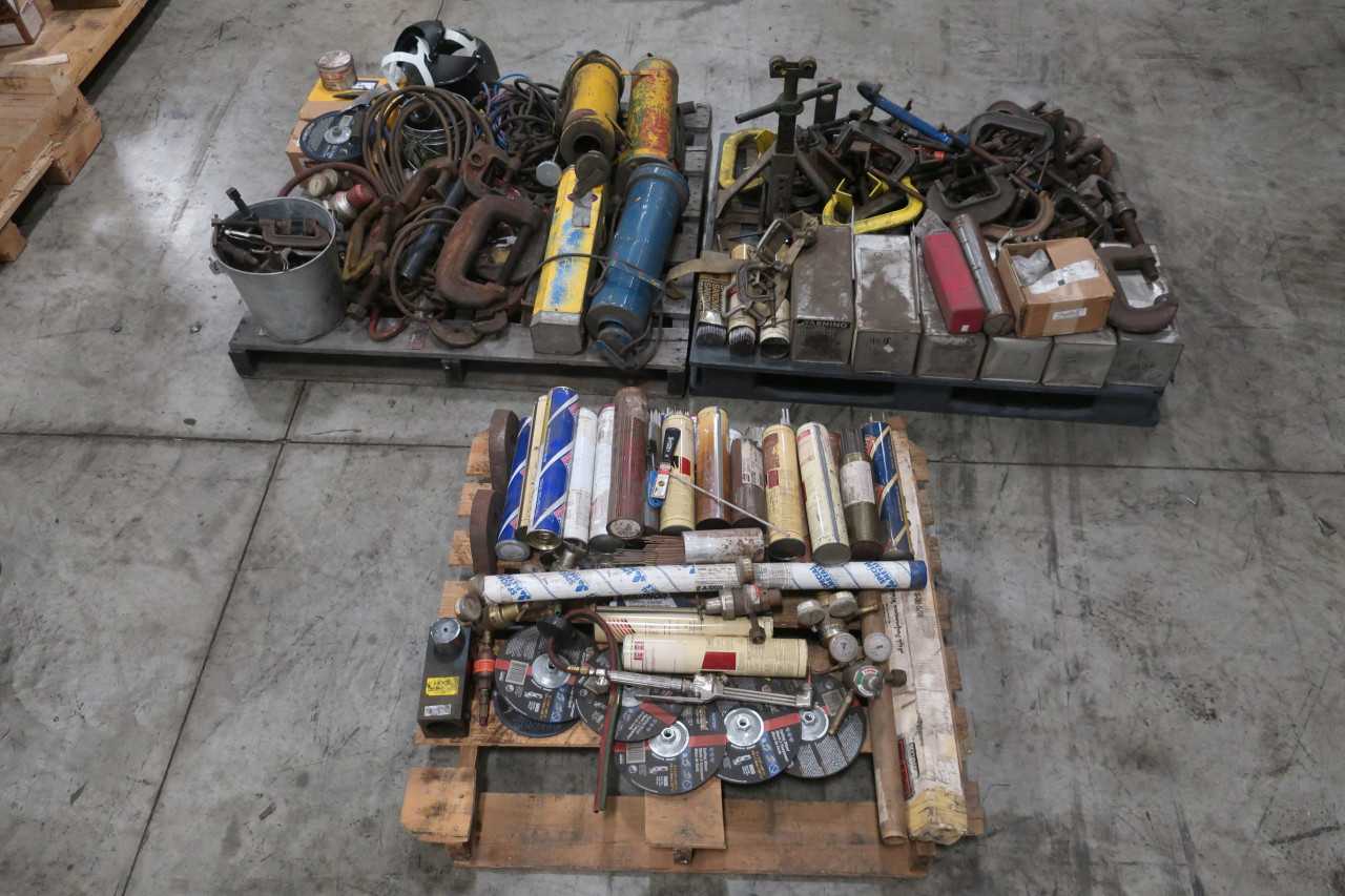 3 PALLETS OF ASSORTED WELDING TOOLS & EQUIPMENT ELECTRODES CLAMPS GRINDING WHEELS CABLES PPE - WELDING EQUIPMENT