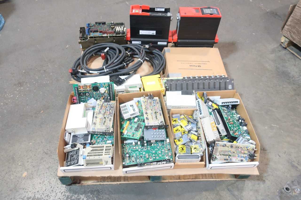 1 PALLET OF ASSORTED ELECTRTICAL MODULES, CIRCUIT BOARDS, BASE UNIT RACK CONTROLS, AC CABLE-WIRE CONTROLS, SERVO CONTROLLER, MOTOR DRIVE- GE FANUC, OMRON, ABB, YASKAWA, SEW EURODRIVE, GENERAL ELECTRIC, EMERSON - AUTOMATION & CONTROLS