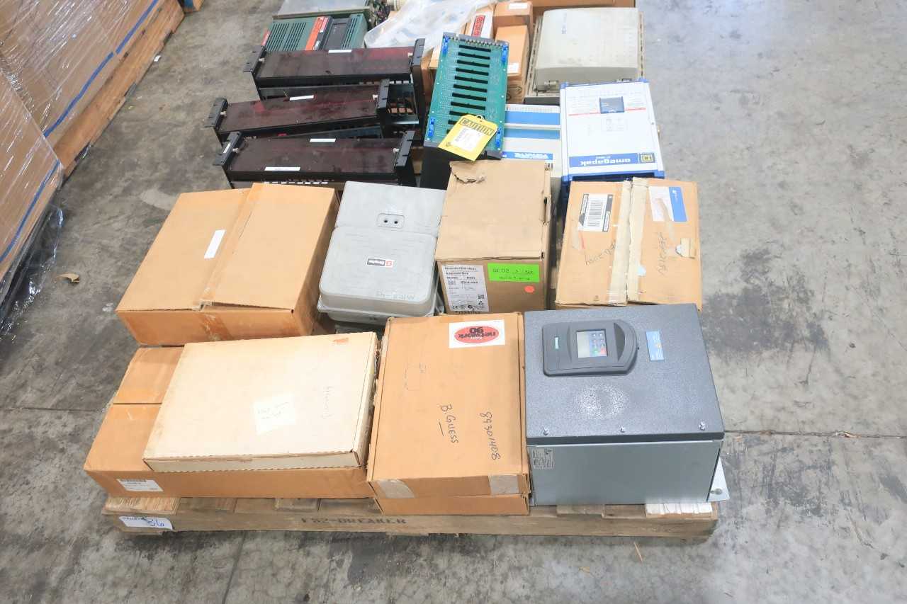 2 PALLETS OF ASSORTED ELECTRICAL ROBOT TEACH PENDANT, DC DRIVES & SPEED CONTROLLER, INPUT MODULE, POWER SUPPLY CONTROLS, OPERATOR INTERFACE PANEL, AC MOTOR DRIVE- ALLEN BRADLEY, NACHI, MITSUBISHI, GENERAL ELECTRIC, SIEMENS, FOXBORO, SIMPLEX, BLACK BOX - AUTOMATION & CONTROLS