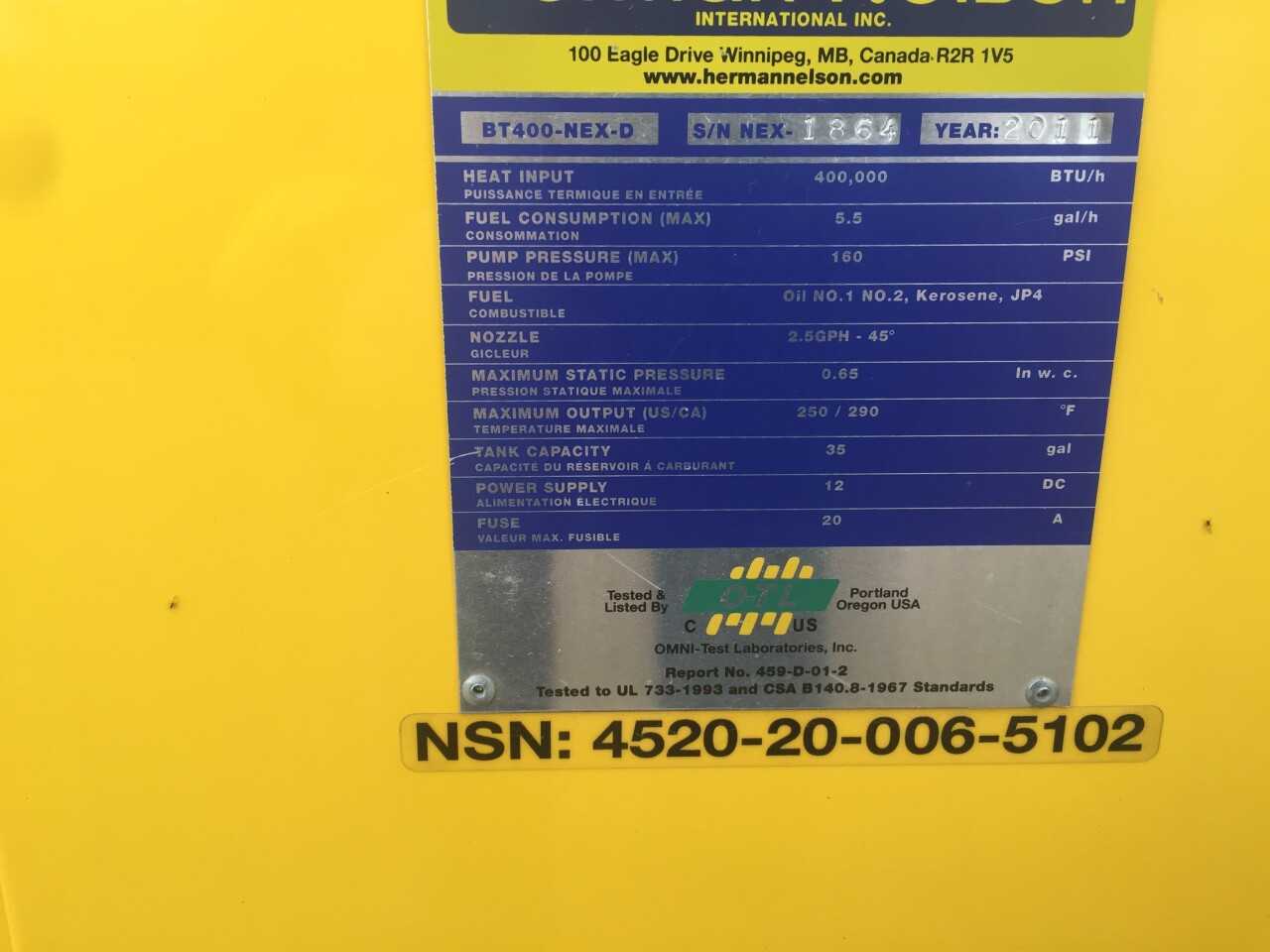 2011 Herman Nelson BT400-NEX-D Indirect Fire Heater - UNIT HEATER