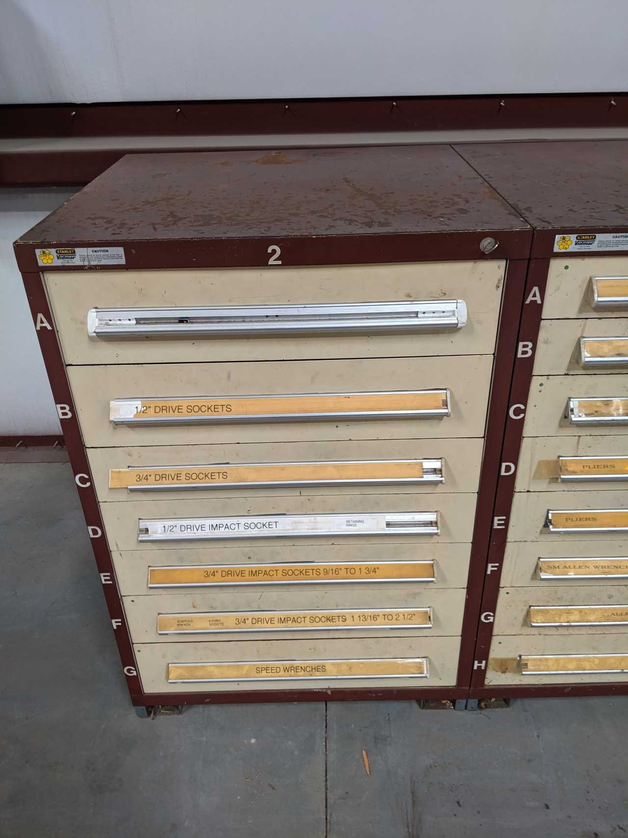 4 STANLEY VIDMAR CABINETS WITH CONTENTS - HEX SOCKETS, IMPACT SOCKETS, WRENCHES, VICE GRIPS, HOLE SAWS, WELDING ACCESSORIES - TOOL STORAGE
