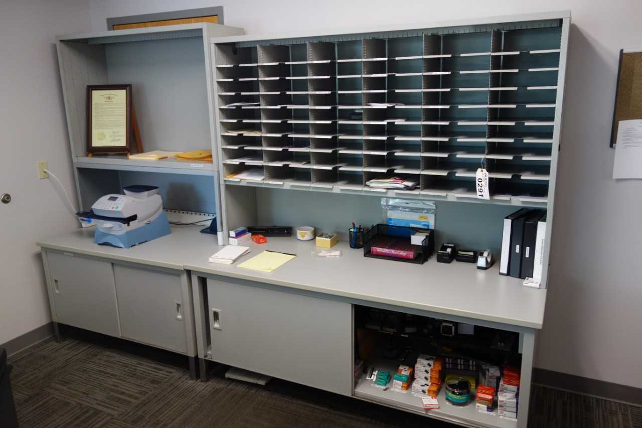 2x office cabinets with file folder shelving, contents excluded (DELAYED REMOVAL) - SHELVING