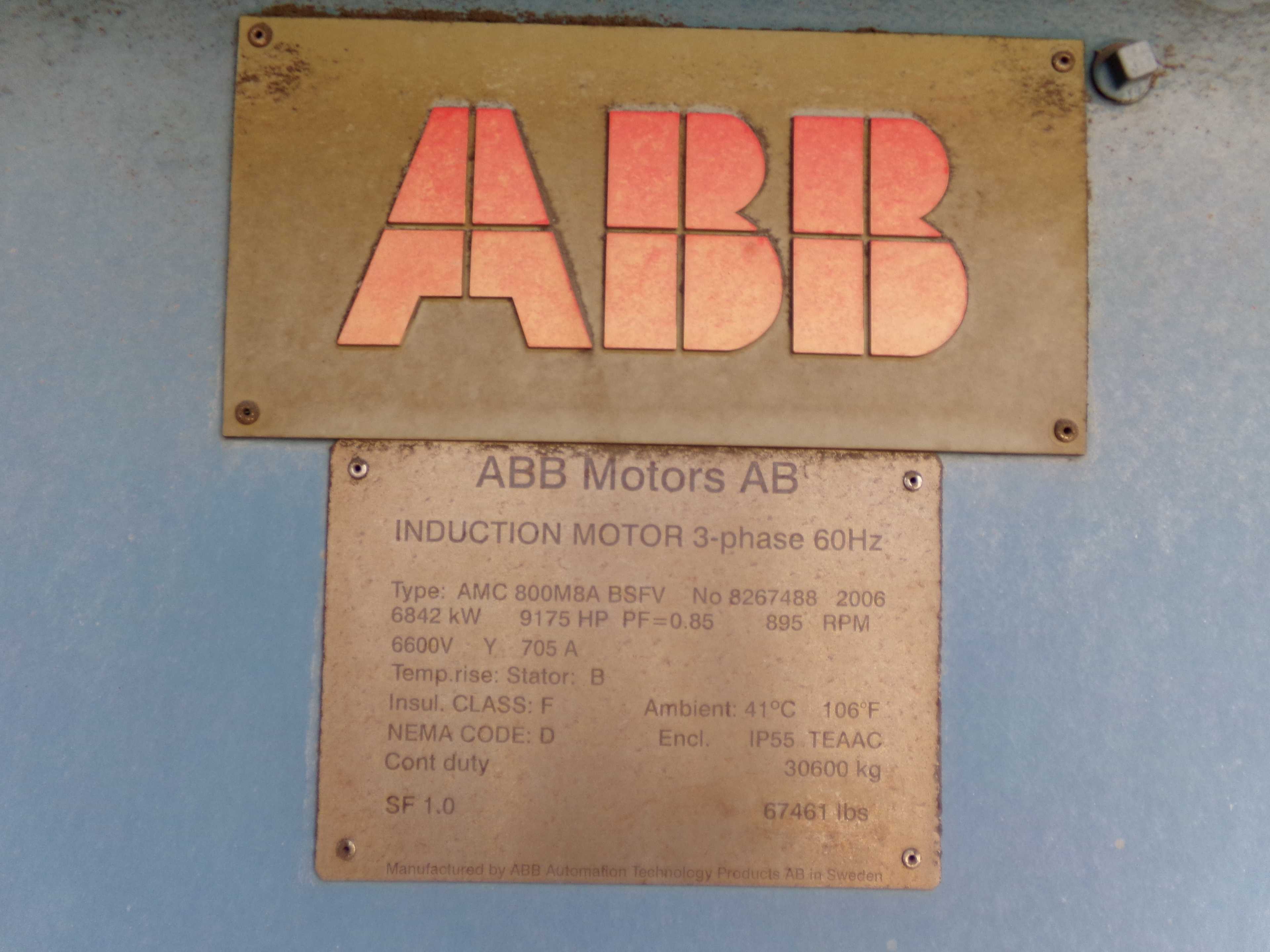 2006 ABB AMC 800M8A BSFV 3 PHASE INDUCTION MOTOR - ELECTRIC MOTORS