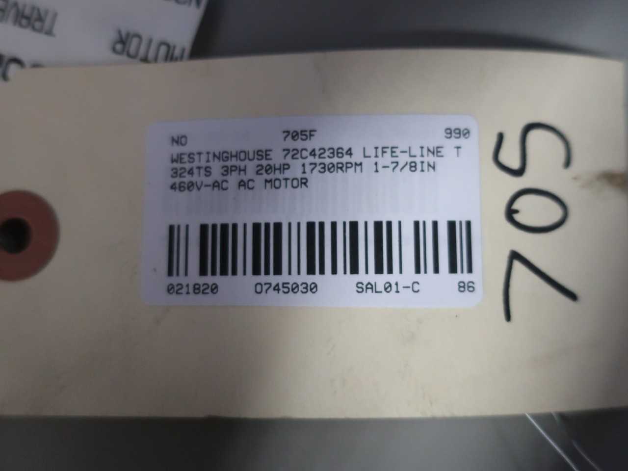 WESTINGHOUSE 72C42364 LIFE-LINE T 324TS 3PH 20HP 460V-AC MOTOR - ELECTRIC MOTORS