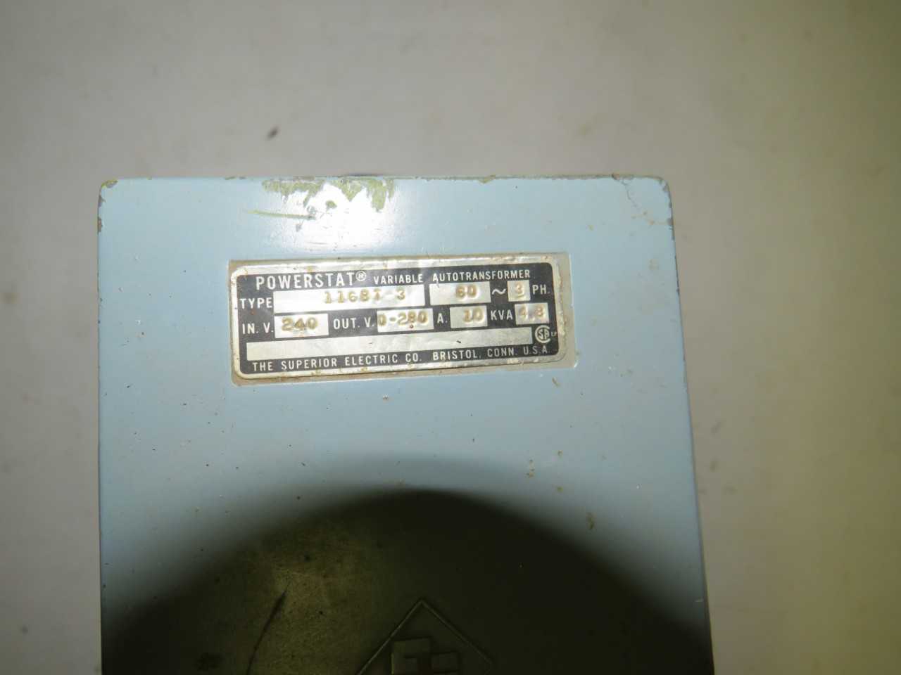POWERSTAT 1168BT-3 60HZ, 3PH, 10A, 4.8KVA VARIABLE AUTOTRANSFORMER - ELECTRICAL COMPONENTS