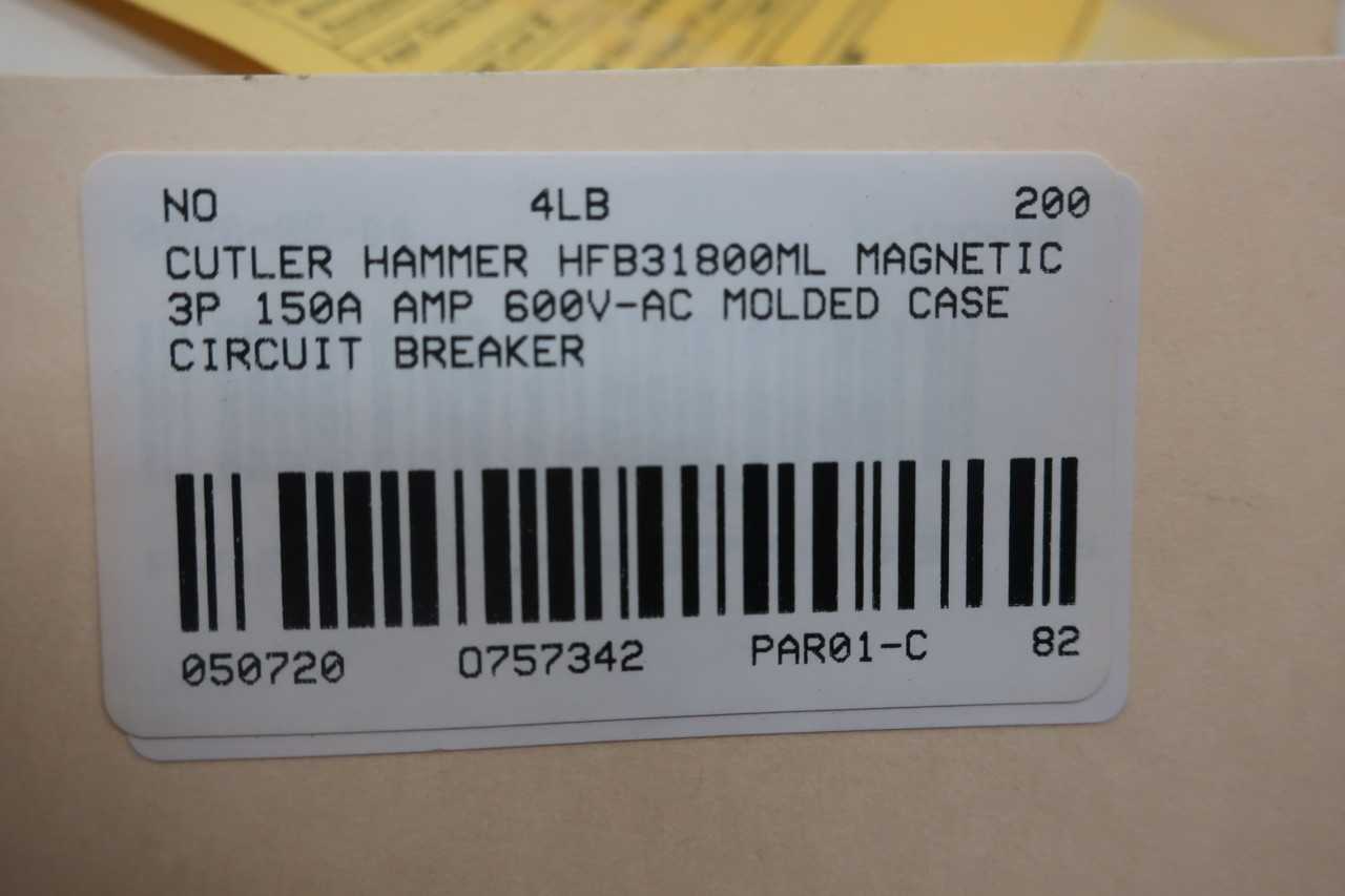 CUTLER HAMMER HFB31800ML MAGNETIC 3P 150A AMP 600V-AC MOLDED CASE CIRCUIT BREAKER - CIRCUIT BREAKERS