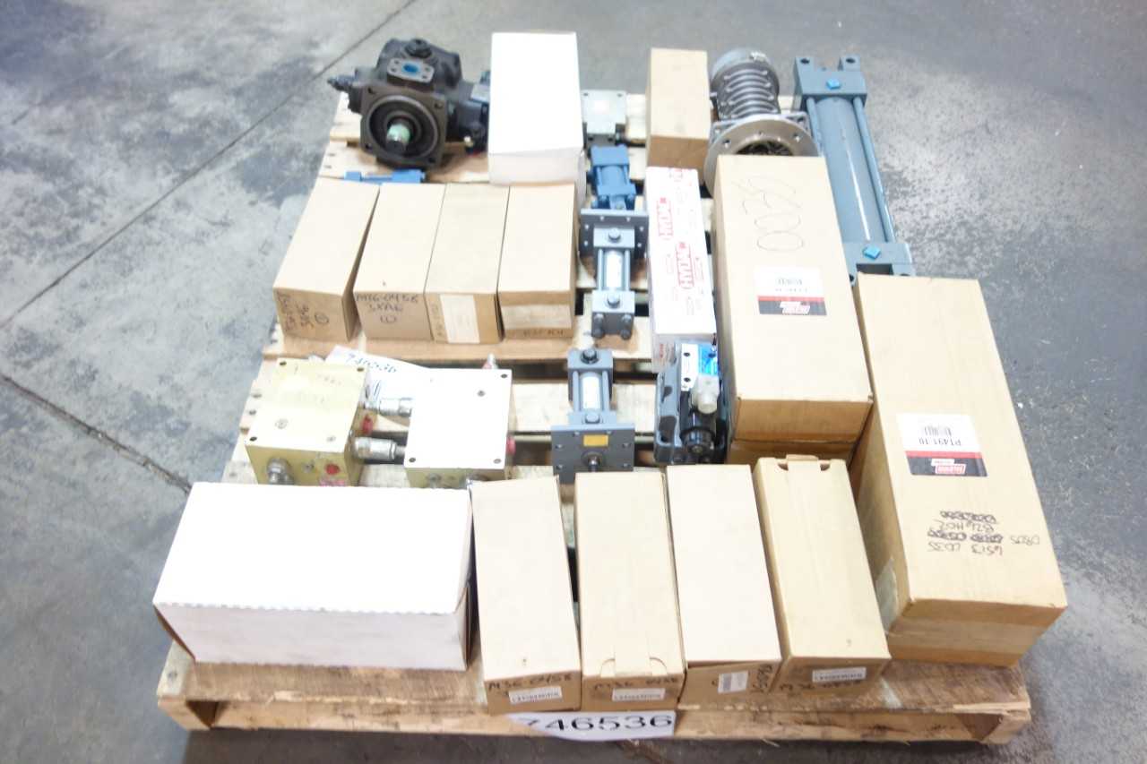 1 PALLET OF ASSORTED HYDRAULIC FILTER ELEMENTS, VALVES, CYLINDERS- REXROTH, BALDWIN, FILTER MART - PNEUMATIC FILTER ELEMENTS