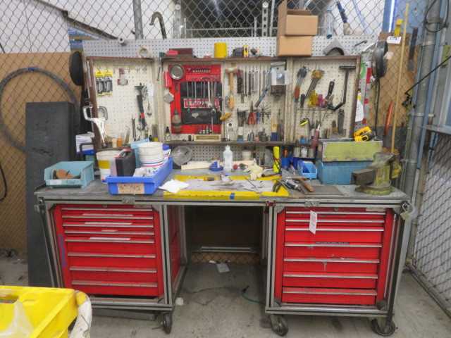 (2) 7 Drawer Snap on Tool Cabinets, with Aluminum Table on Wheels and Contents - MISCELLANEOUS
