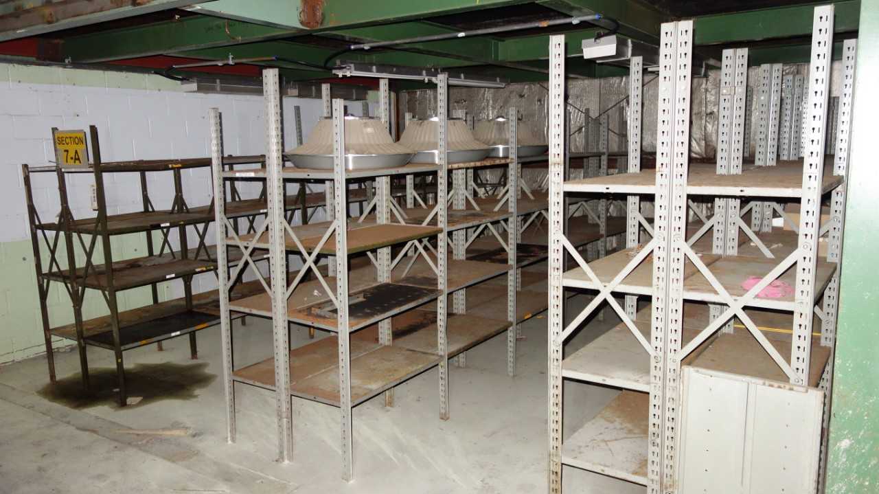 3 ROWS OF STEEL SHELVING, APPROX 18FT LONG, 4FT HIGH - SHELVING