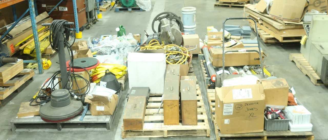 9 PALLETS OF ASSORTED TOOLS SHOP EQUIP AND SUPPLIES YARWAY WRENCHES CORDS SWEEPERS - MISCELLANEOUS