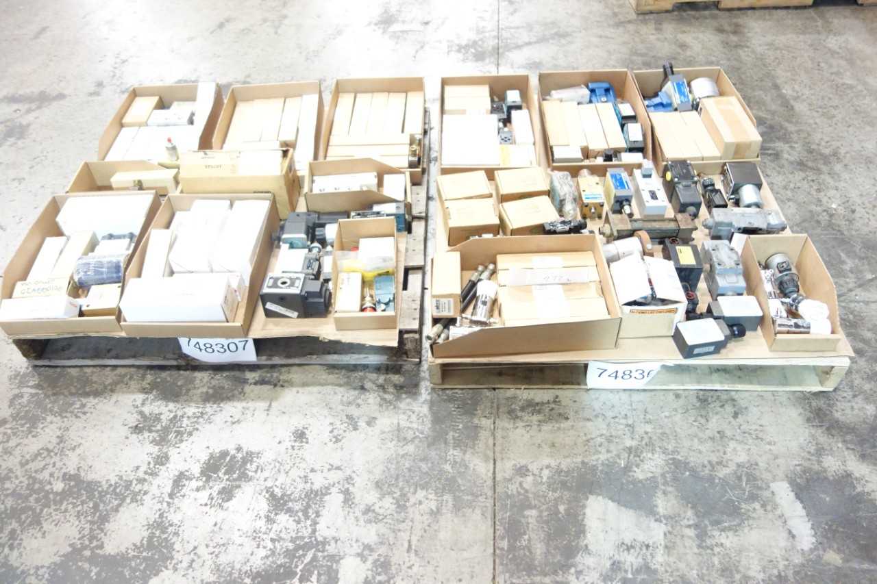 2 PALLETS OF ASSORTED HYDRAULIC VALVES, FILTERS, HOSES- NACHI, PARKER, REXROTH - INDUSTRIAL PARTS