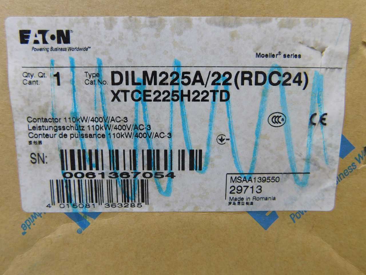 Quantity of 3 New Surplus Eaton XTCE225H22TD Non-Reversing Contactor Type XT 3P 225A 400V 2NO 2NC - CONTACTORS