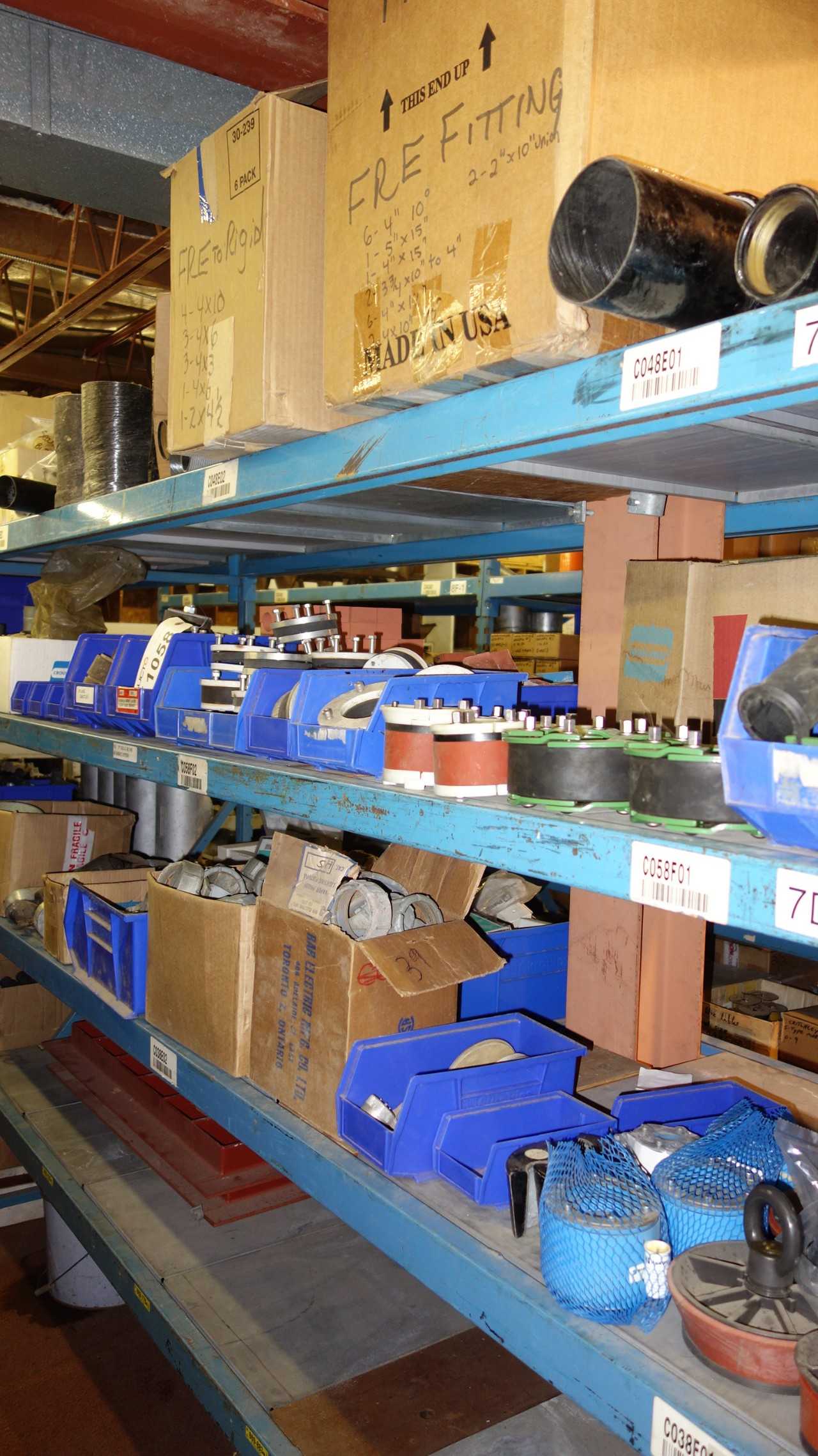 3-1/2 SHELVES, ASSORTED GENERAL PURPOSE COVERS, STOPPERS, FLOOR CASTLES, FITTINGS - INDUSTRIAL PARTS