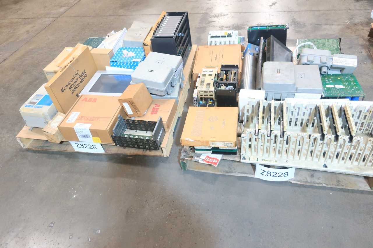 2 PALLETS OF ASSORTED ELECTRICAL ALARM SENSOR, SERVO DRIVE, INTERFACE PANEL CONTROLS, POWER SUPPLY- DOMINO, ABB, LUMBERG, SIMPLEX, PACIFIC SCIENTIFIC, MITSUBISHI, SCHNEIDER, YASKAWA, GE FANUC, SANYO DENKI - ELECTRICAL COMPONENTS