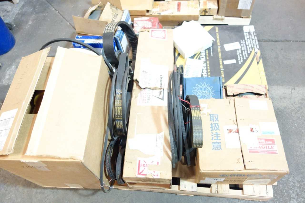 2 PALLETS OF ASSORTED BELTS, BEARINGS, GEAR REDUCER, CLUTCH-BRAKE- THK, BROWNING, EMERSON, MARTIN - GEAR REDUCERS