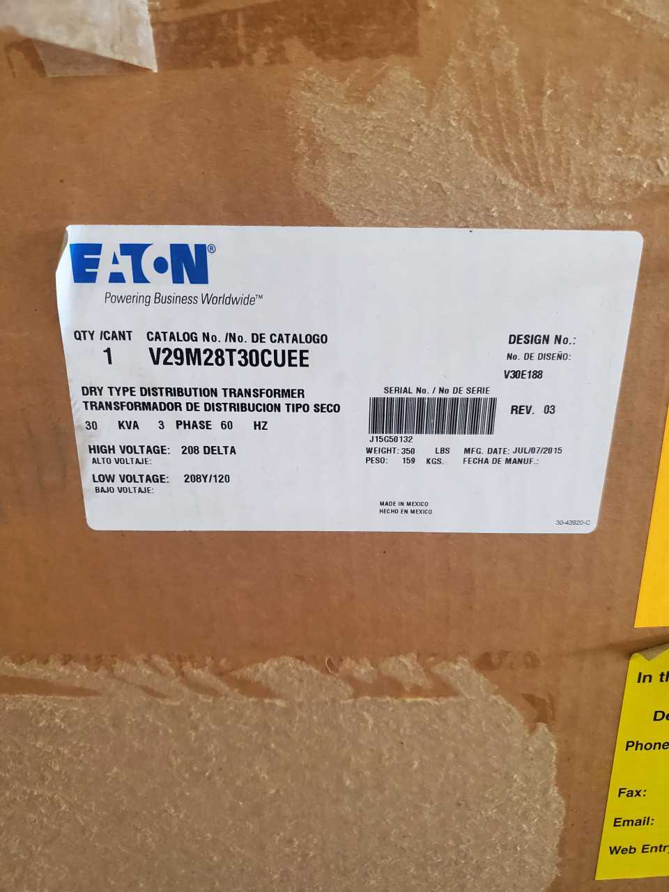 (1) Eaton V29M28T30CUEE Transformer 30 KVA, 3PH - CONTROL TRANSFORMERS