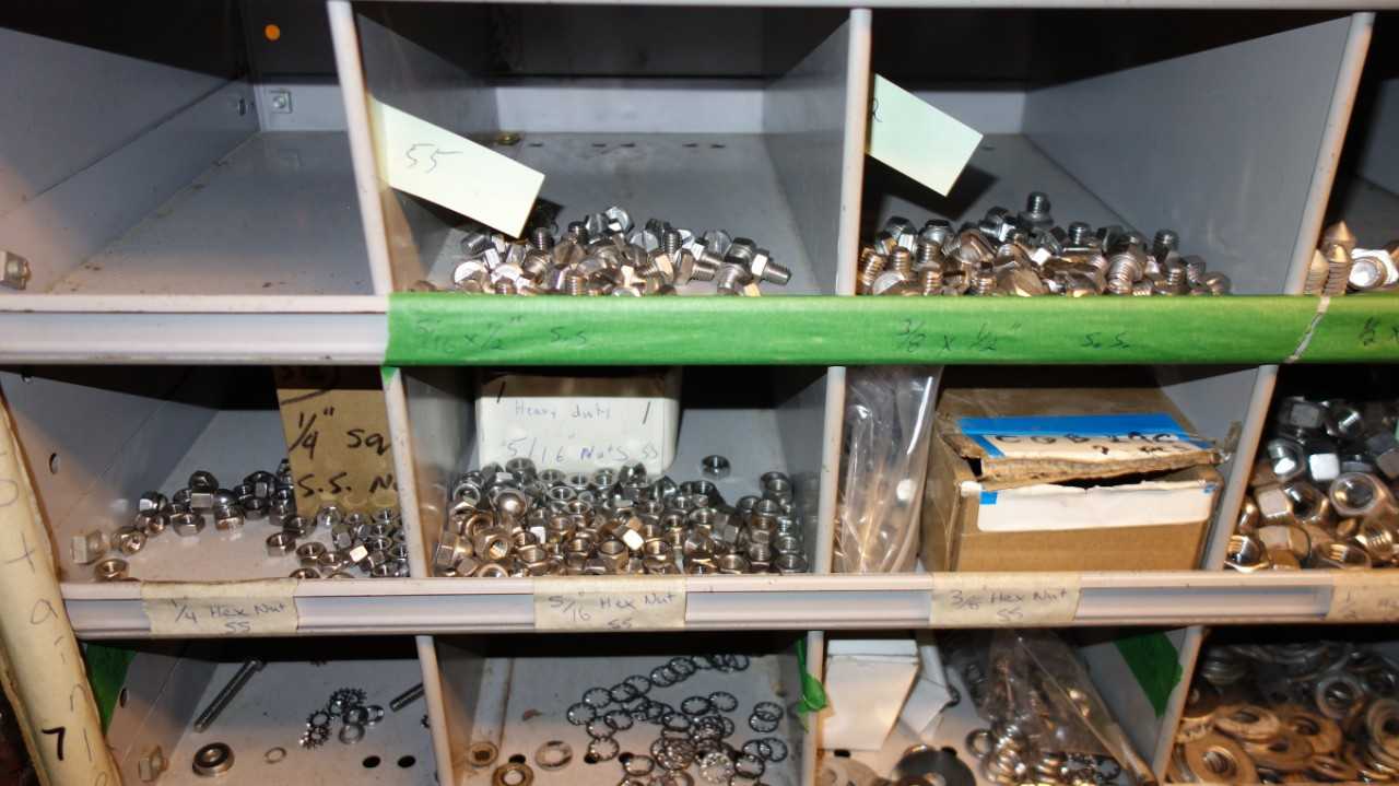 CONTENTS OF PIGEON HOLE CABINET, ASSORTED STAINLESS HARDWARE - INDUSTRIAL PARTS