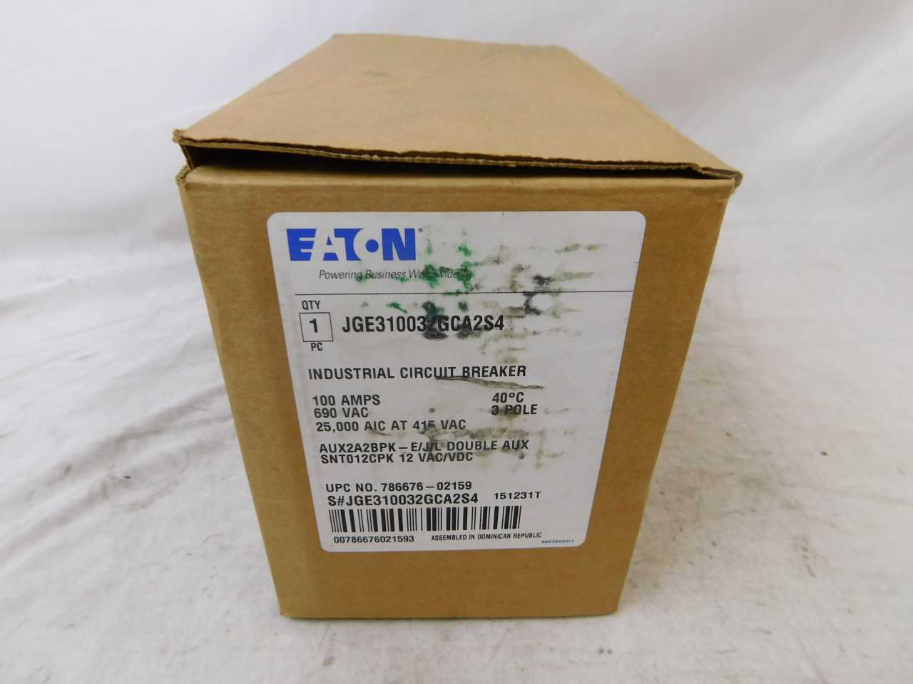 Quantity of 2 New Surplus Eaton JGE310032GCA2S4 MCCB JGE 3P 100A 690V - CIRCUIT BREAKERS