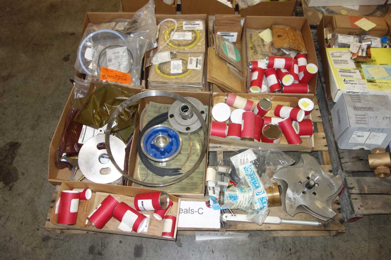 4 PALLETS OF ASSORTED PUMP REPLACEMENT PARTS- IMPELLERS, PACKING- GOULDS, LEY BOLD, - PUMPS