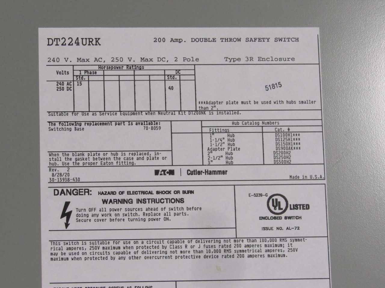 Eaton Double Throw Safety Switch - ELECTRICAL COMPONENTS