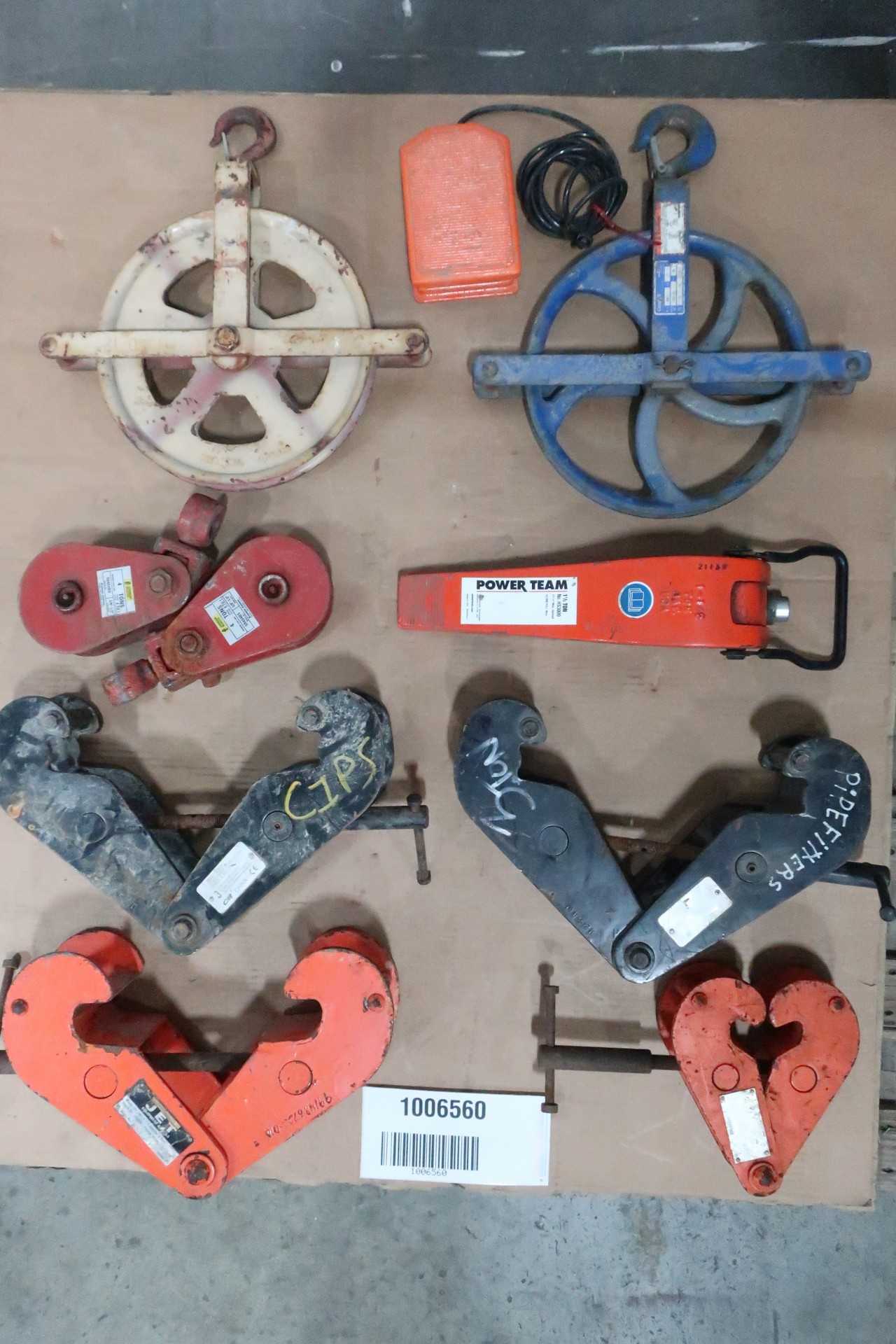PALLET OF ASSORTED HOISTING PARTS AND BEAM CLAMPS - LIFTING EQUIPMENT