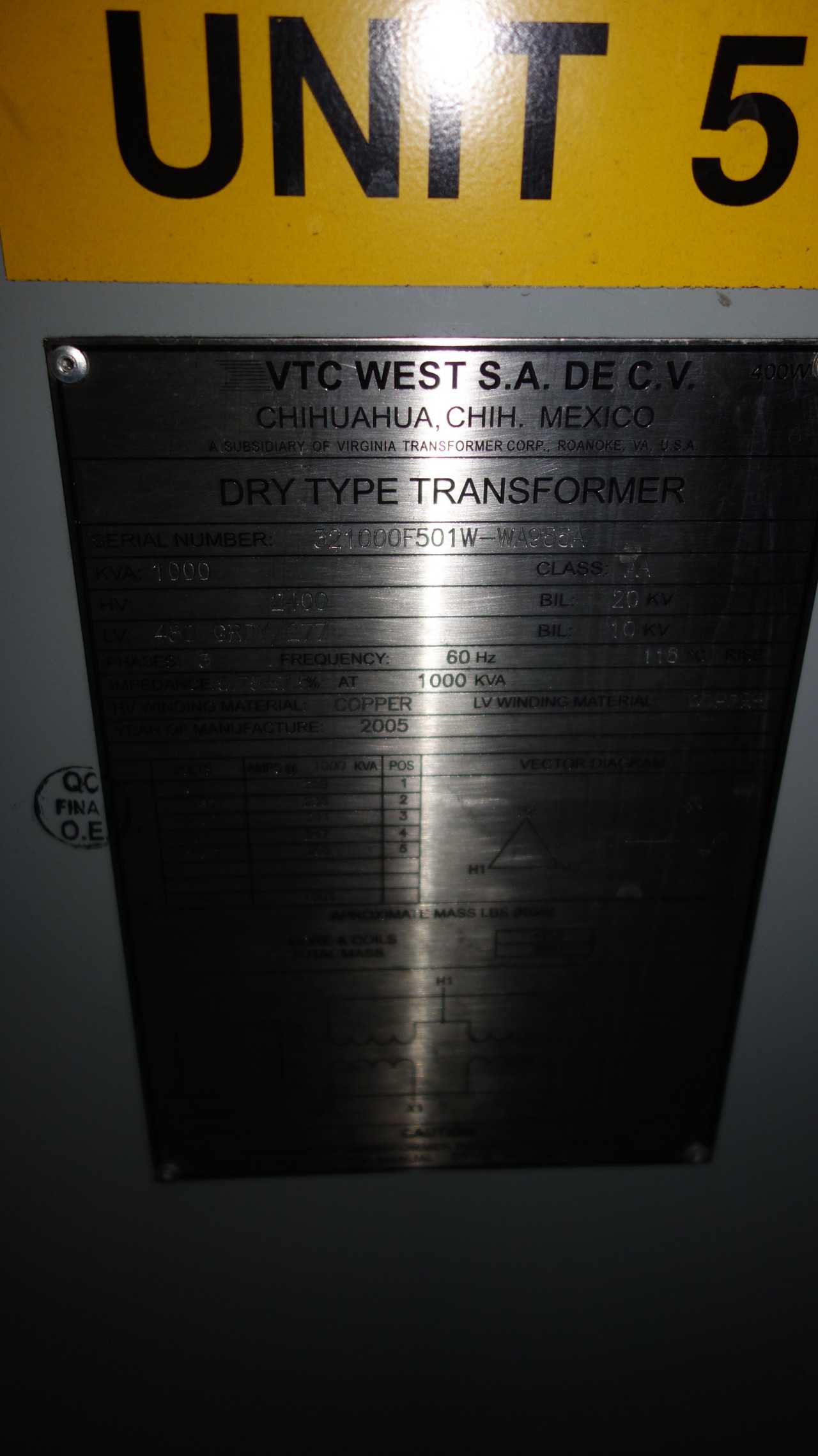 VTC WEST AA 1000KVA 2400V-AC 480V-AC TRANSFORMER - CONTROL TRANSFORMERS