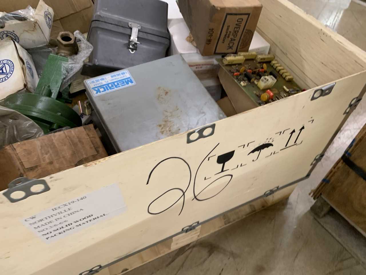 CRATE OF MISC. ELECTRICAL AUTOMATION EQUIPMENT VALVES, CIRCUIT BOARDS ETC. - ELECTRICAL COMPONENTS