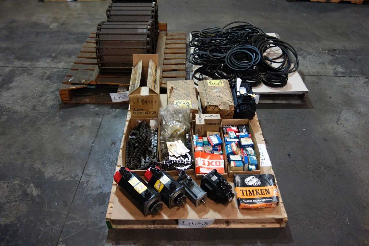 3 PALLETS OF ASSORTED POWER TRANSMISSIONS- BELTS, CONVEYOR CHAIN, BEARINGS, SERVOMOTORS- DODGE, TIMKEN, NTN, SKF, MITSUBISHI - BEARINGS
