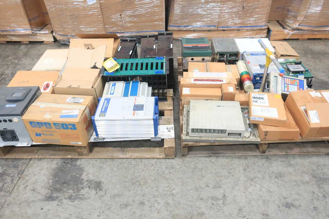 2 PALLETS OF ASSORTED ELECTRICAL ROBOT TEACH PENDANT, DC DRIVES & SPEED CONTROLLER, INPUT MODULE, POWER SUPPLY CONTROLS, OPERATOR INTERFACE PANEL, AC MOTOR DRIVE- ALLEN BRADLEY, NACHI, MITSUBISHI, GENERAL ELECTRIC, SIEMENS, FOXBORO, SIMPLEX, BLACK BOX - AUTOMATION & CONTROLS