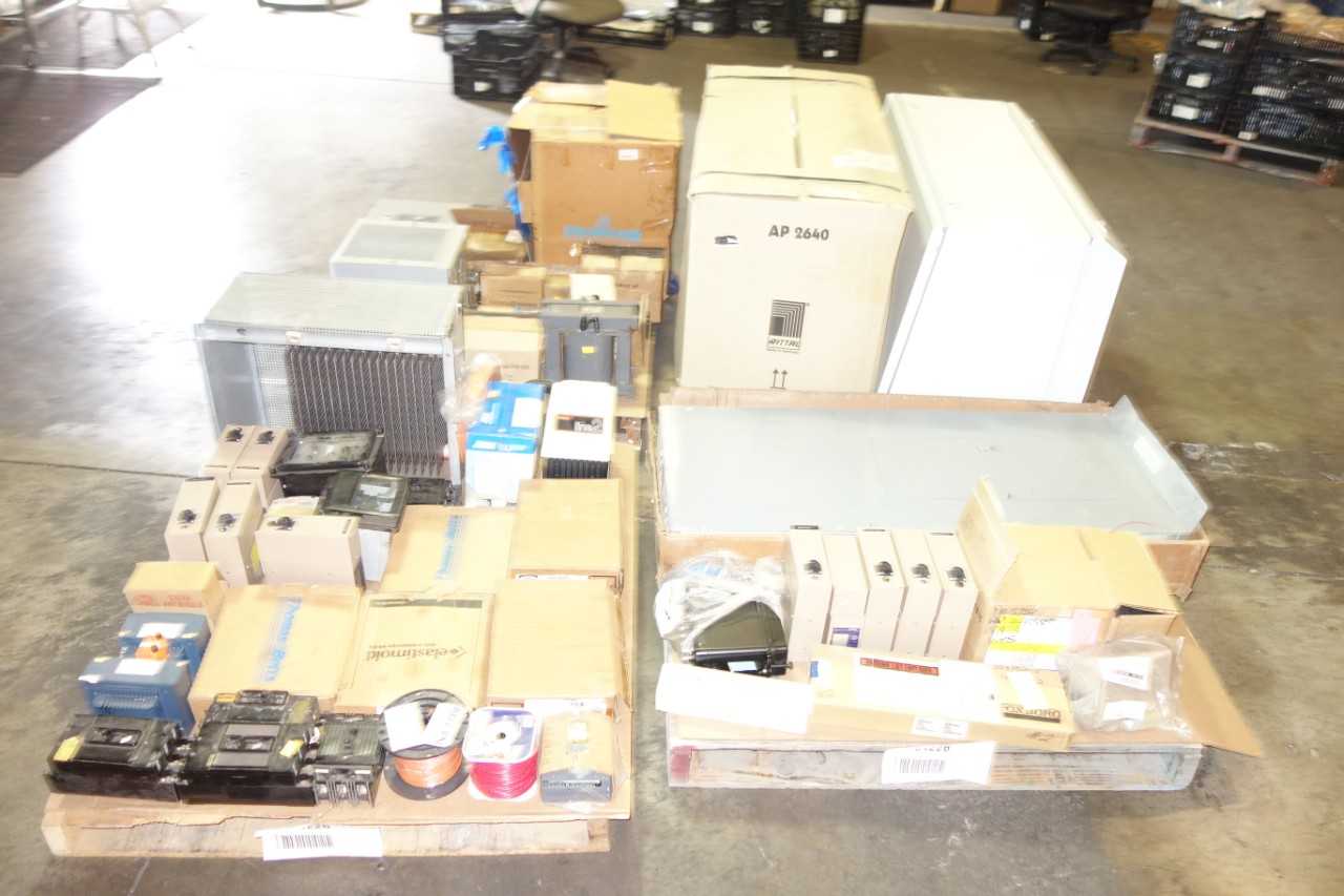 4 PALLETS OF ASSORTED ELECTRICAL COMPONENTS, LIGHTING, TRANSMITTERS, RELAYS, CIRCUIT BREAKERS, POWER SUPPLIES AND ACCESSORIES - ELECTRICAL COMPONENTS