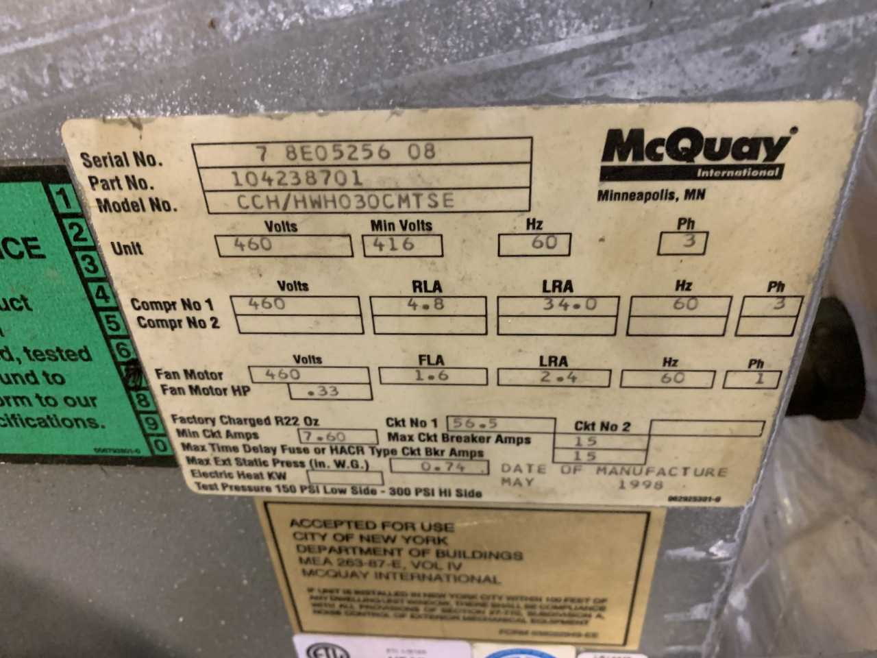 MCQUAY 460VOLT HEAT PUMP UNIT 104238701 - HVAC EQUIPMENT