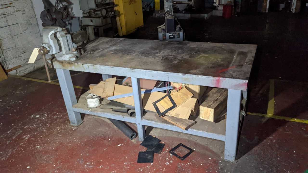 Steel work table with Chas Parker co vise - PLANT & FACILITY