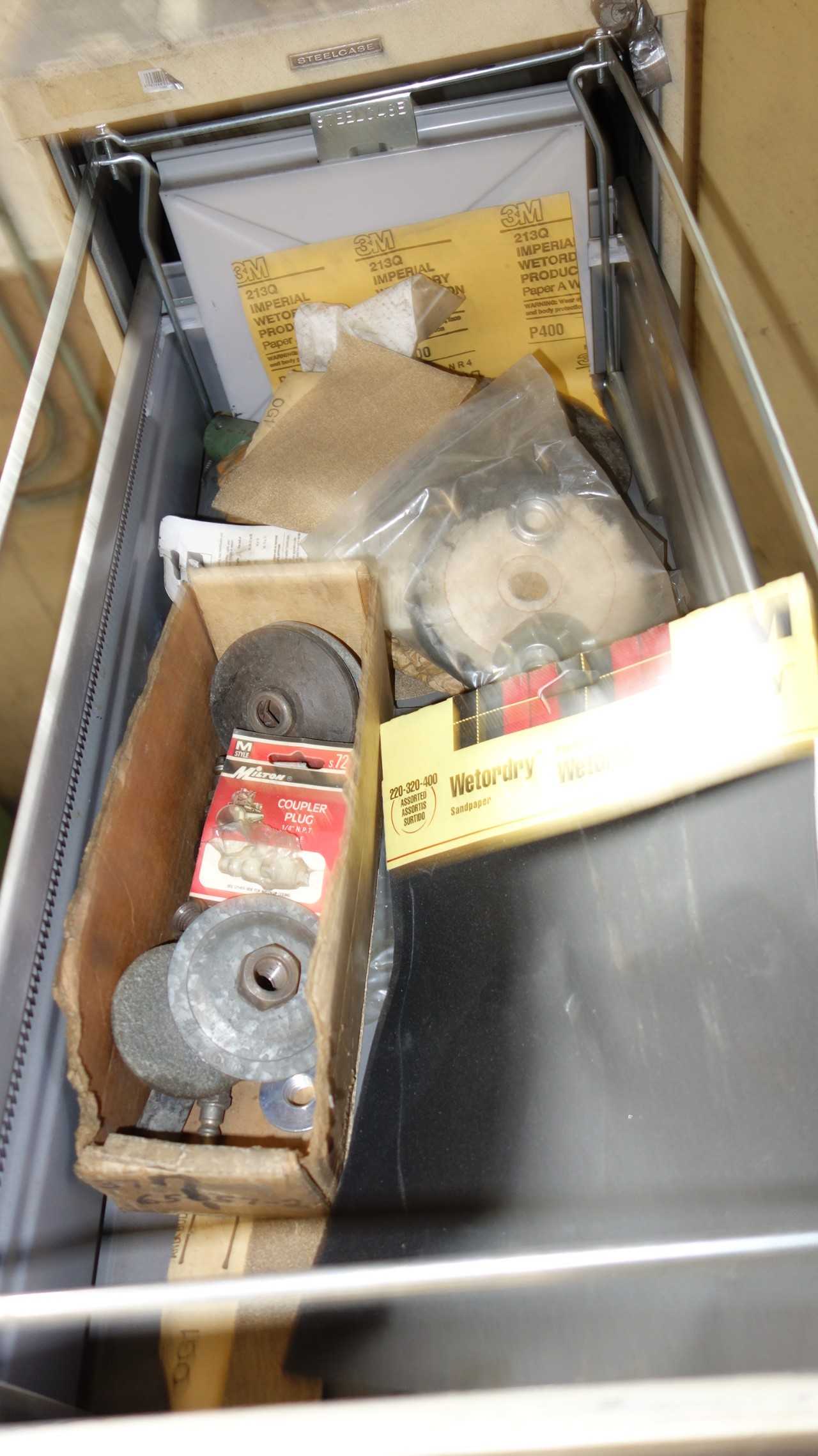 FILING CABINET WITH CONTENTS, ASSORTED ABRASIVES, GRINGIND WHEELS, SANDING PAPER, DISCS, - GRINDING WHEELS