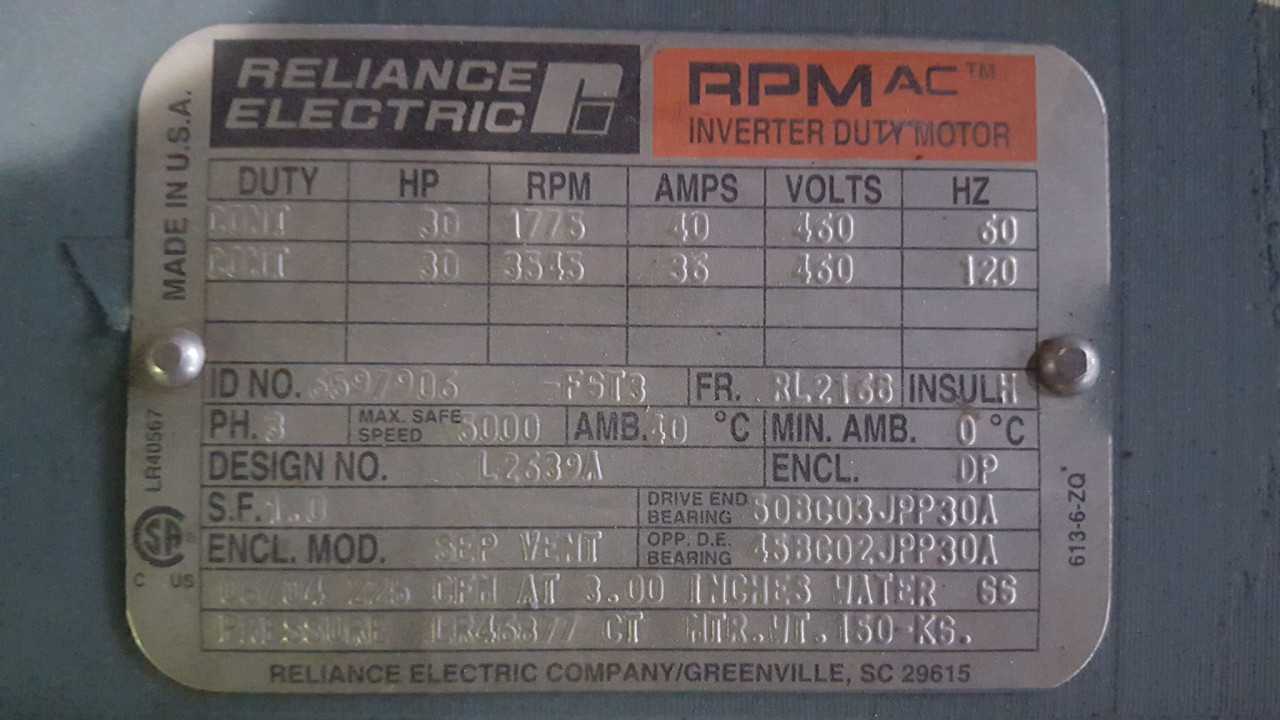 30 HP 1800 RPM RL2168 Frame Reliance Motor - ELECTRIC MOTORS