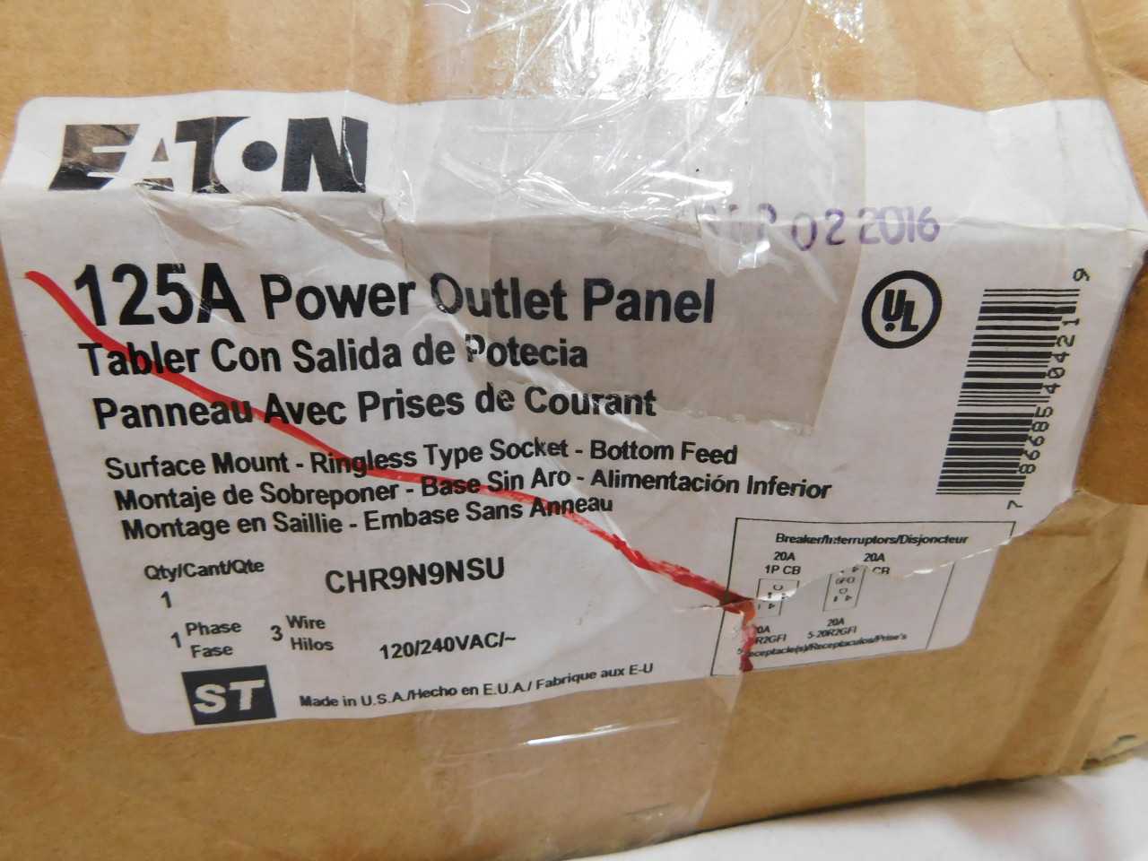 Quantity of 1 New Surplus Eaton CHR9N9NSU Power Outlet Panel 125A 120V 3 Wire - ELECTRICAL COMPONENTS