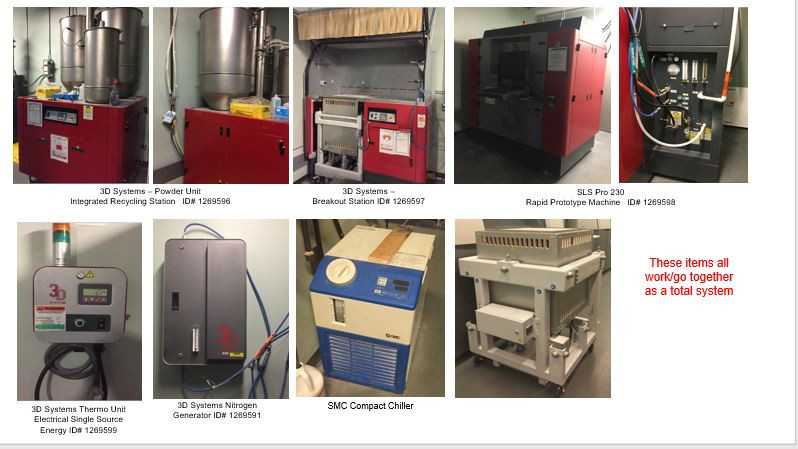 3D Systems - Powder Unit Integrated Recycling Station, Breakout Station, SLS Pro 230 Rapid Prototype Machine, 3D Systems Thermo Unit Electric Single Source Energy, 3D Systems Nitrogen Generator and SMC Compact Chiller - PROCESS EQUIPMENT
